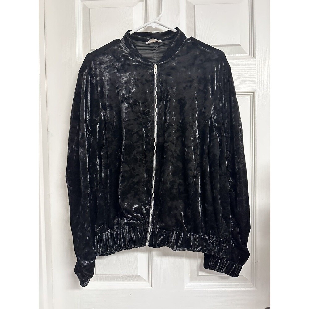 Maronie Black Velvet Full Zip Ruched back Elastic Waist Athletic Jacket Sz M